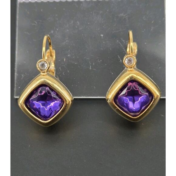 Vintage 90s Joan Rivers Purple Crystal Square Bezel Leverback Earrings - Picture 10 of 11